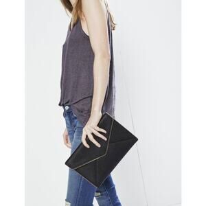 Rebecca Minkoff Black Zip Trim Front Snap Leo Envelope Leather Clutch Bag